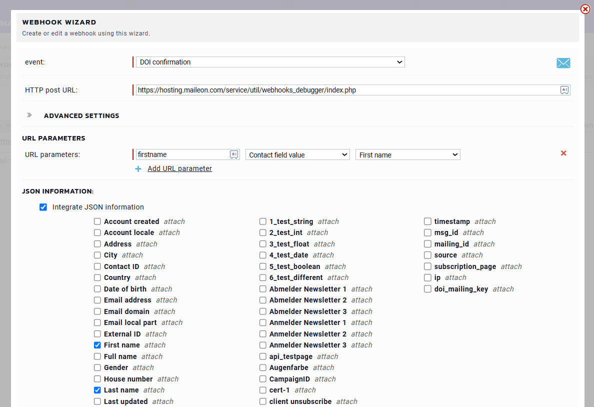 Maileon webhook setup screenshot